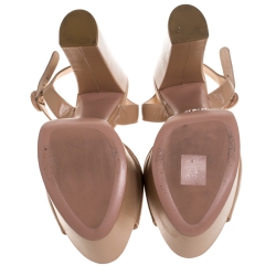 Prada Beige Patent Saffiano Leather Ankle Strap Block Heel Platform Sandals Size 39