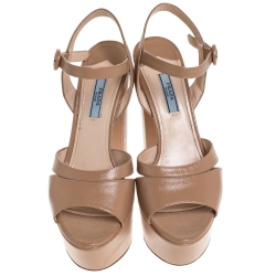 Prada Beige Patent Saffiano Leather Ankle Strap Block Heel Platform Sandals Size 39