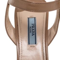 Prada Beige Patent Saffiano Leather Ankle Strap Block Heel Platform Sandals Size 39