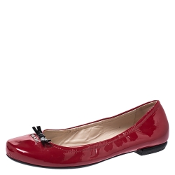 Pre Owned Prada Red Patent Leather Bow Round Toe Ballet Flats Size 39.5