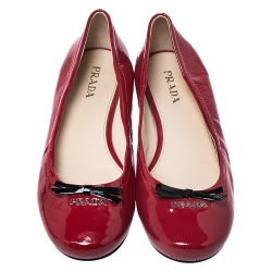 Pre Owned Prada Red Patent Leather Bow Round Toe Ballet Flats Size 39.5