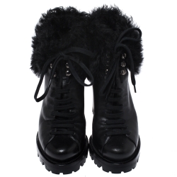 Pre Owned Prada Black Fur Ankle Lace Up Platform Boots Size 37