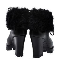 Pre Owned Prada Black Fur Ankle Lace Up Platform Boots Size 37