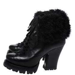 Pre Owned Prada Black Fur Ankle Lace Up Platform Boots Size 37