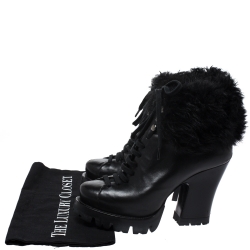 Pre Owned Prada Black Fur Ankle Lace Up Platform Boots Size 37