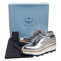 Pre Owned Prada Metallic Silver Brogue Leather Wave Wingtip Espadrille Platform Derby Sneakers Size 38.5