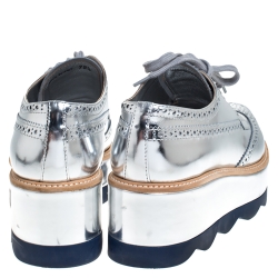 Pre Owned Prada Metallic Silver Brogue Leather Wave Wingtip Espadrille Platform Derby Sneakers Size 38.5