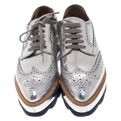 Pre Owned Prada Metallic Silver Brogue Leather Wave Wingtip Espadrille Platform Derby Sneakers Size 38.5