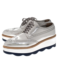 Pre Owned Prada Metallic Silver Brogue Leather Wave Wingtip Espadrille Platform Derby Sneakers Size 38.5
