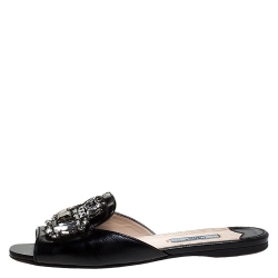 Pre Owned Prada Black Patent Saffiano Leather Crystal Embellished Flat Slides Size 36.5