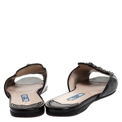 Pre Owned Prada Black Patent Saffiano Leather Crystal Embellished Flat Slides Size 36.5