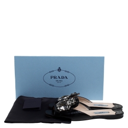 Pre Owned Prada Black Patent Saffiano Leather Crystal Embellished Flat Slides Size 36.5