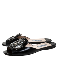 Pre Owned Prada Black Patent Saffiano Leather Crystal Embellished Flat Slides Size 36.5