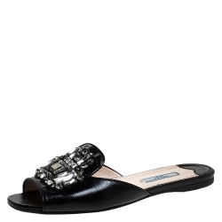 Pre Owned Prada Black Patent Saffiano Leather Crystal Embellished Flat Slides Size 36.5