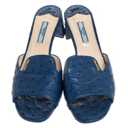 Pre Owned Prada Dark Blue Ostrich Leather Slide Sandals Size 39.5