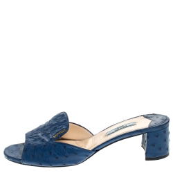 Pre Owned Prada Dark Blue Ostrich Leather Slide Sandals Size 39.5