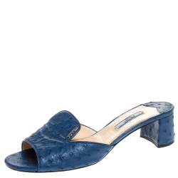 Pre Owned Prada Dark Blue Ostrich Leather Slide Sandals Size 39.5