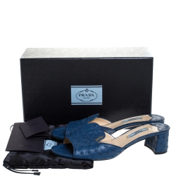 Pre Owned Prada Dark Blue Ostrich Leather Slide Sandals Size 39.5