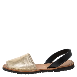 Pre Owned Prada Gold And Black Leather Slingback Flat Sandals Size 38.5