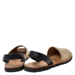 Pre Owned Prada Gold And Black Leather Slingback Flat Sandals Size 38.5