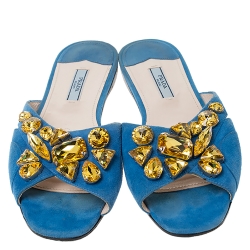 Pre Owned Prada Blue Suede Crystal Embellished Flat Slides Size 39