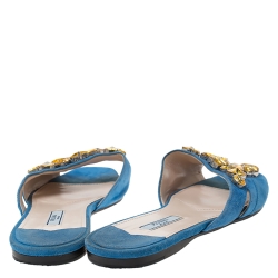 Pre Owned Prada Blue Suede Crystal Embellished Flat Slides Size 39
