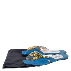 Pre Owned Prada Blue Suede Crystal Embellished Flat Slides Size 39