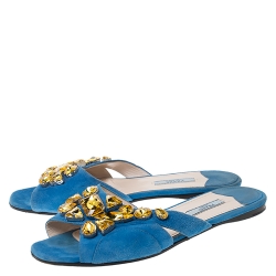 Pre Owned Prada Blue Suede Crystal Embellished Flat Slides Size 39