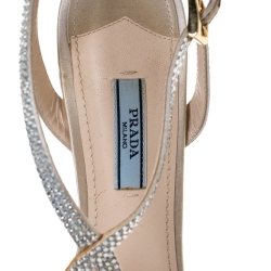 Pre Owned Prada Beige Crystal Embellished Satin Ankle Strap Platform Sandals Size 38.5