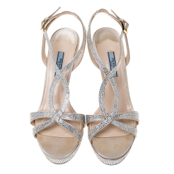 Pre Owned Prada Beige Crystal Embellished Satin Ankle Strap Platform Sandals Size 38.5