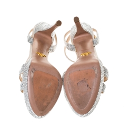 Pre Owned Prada Beige Crystal Embellished Satin Ankle Strap Platform Sandals Size 38.5