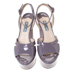Pre Owned Prada Purple Patent Leather Open Toe Ankle Strap Platform Sandals Size 37.5