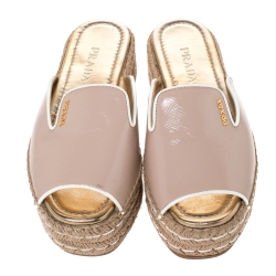 Prada Beige Patent Leather Espadrille Platform Slides Size 37
