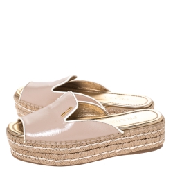 Prada Beige Patent Leather Espadrille Platform Slides Size 37