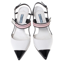 Pre Owned Prada White/Black Leather Pointed Toe Slingback Sandals Size 39