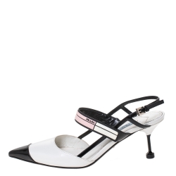 Pre Owned Prada White/Black Leather Pointed Toe Slingback Sandals Size 39