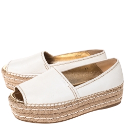 Pre Owned Prada Ivory Leather Open Toe Platform Espadrilles Size 37