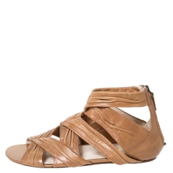 Pre Owned Prada Tan Pleated Leather Caged Flat Sandals Size 39