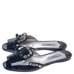 Pre Owned Prada Blue Patent Leather Crystal And Bow Embellished Flat Slides Size 38