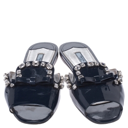 Pre Owned Prada Blue Patent Leather Crystal And Bow Embellished Flat Slides Size 38
