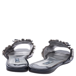 Pre Owned Prada Blue Patent Leather Crystal And Bow Embellished Flat Slides Size 38