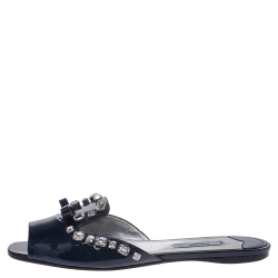 Pre Owned Prada Blue Patent Leather Crystal And Bow Embellished Flat Slides Size 38