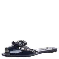 Pre Owned Prada Blue Patent Leather Crystal And Bow Embellished Flat Slides Size 38