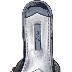 Pre Owned Prada Blue Patent Leather Crystal And Bow Embellished Flat Slides Size 38