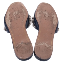 Pre Owned Prada Blue Patent Leather Crystal And Bow Embellished Flat Slides Size 38