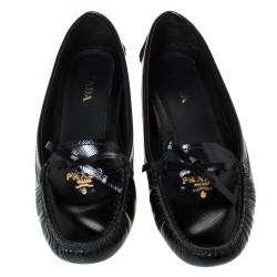 Pre Owned Prada Black Patent Leather Bow Slip On Loafers Size 38