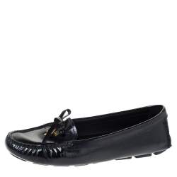 Pre Owned Prada Black Patent Leather Bow Slip On Loafers Size 38