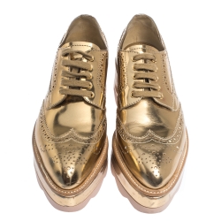 Pre Owned Prada Metallic Gold Brogue Leather Wave Wingtip Platform Derby Sneakers Size 37.5