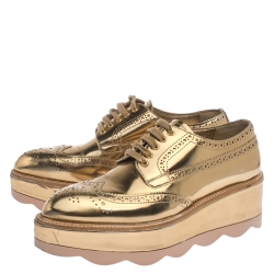 Pre Owned Prada Metallic Gold Brogue Leather Wave Wingtip Platform Derby Sneakers Size 37.5