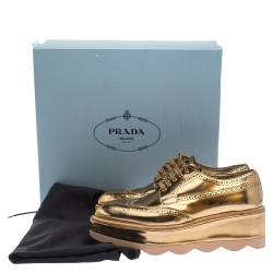 Pre Owned Prada Metallic Gold Brogue Leather Wave Wingtip Platform Derby Sneakers Size 37.5